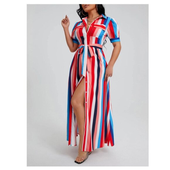 SHEIN Dresses & Skirts - SHEIN VCAY Rainbow Striped Flap Pocket Belted Shirt Dress, Women, Small